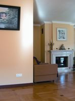 Salon z eleganckim marmurowym kominkiem