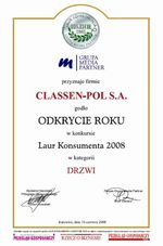 Drzwi wewnętrzne marki Classen zostały uhonorowane wyr&oacute;żnieniem &bdquo;Laur Konsumenta &ndash; Odkrycie Roku&rdquo;.