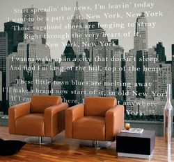 Fototapeta firmy Eijffinger, z wizerunkiem profilu wielkiej metropolii i cytatem ze słynnego filmu Martina Scorsese „New York, New York”