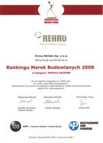 Dyplom firmy REHAU wyróżnionej w kategorii profile okienne