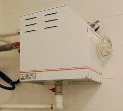 Wydajna wytwornica pary zainstalowana jest w części gospodarczej domu i obsługuje łaźnię parową w pomieszczeniu rekreacyjnym