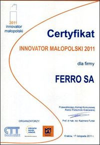Certyfikat Innovator Małopolski 2011 dla FERRO