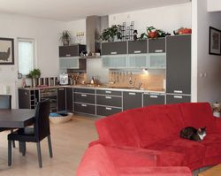 Pomieszczenia dzienne są połączone. Pani Gabrieli zależało na jasnej podłodze (panele drewniane z klonu) i jasnych ścianach (ciepła biel). Z takim tłem kontrastuje czerwona kanapa w salonie oraz szare meble kuchenne. Dominują nowoczesne formy, przestrzeń, szkło, stal