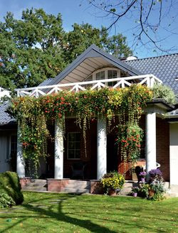 Dom stoi w głębi działki, więc zadaszony taras- -ganek pod kolumnami oraz nasłoneczniony balkon ponad nim są równie intymne, jak boczny taras wypoczynkowy