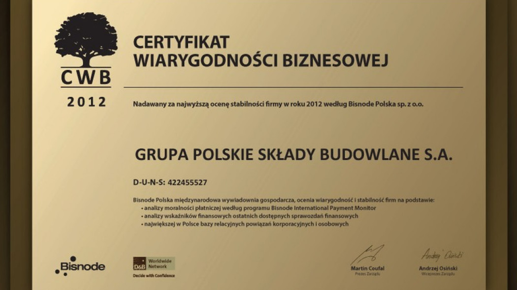 Grupa PSB otrzymała Certyfikat Wiarygodności Biznesowej