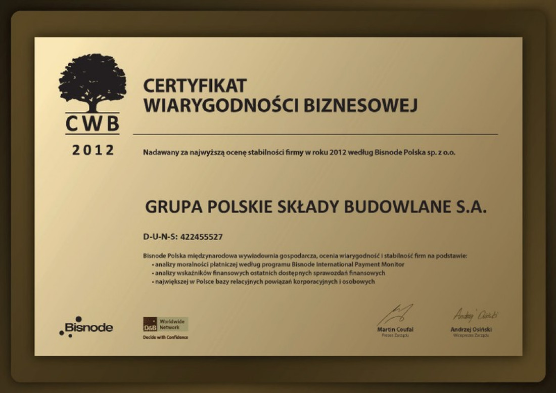 Grupa PSB otrzymała Certyfikat Wiarygodności Biznesowej