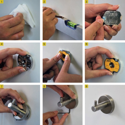 Etapy montażu wieszaka łazienkowego z klipsem wypełnionym klejem