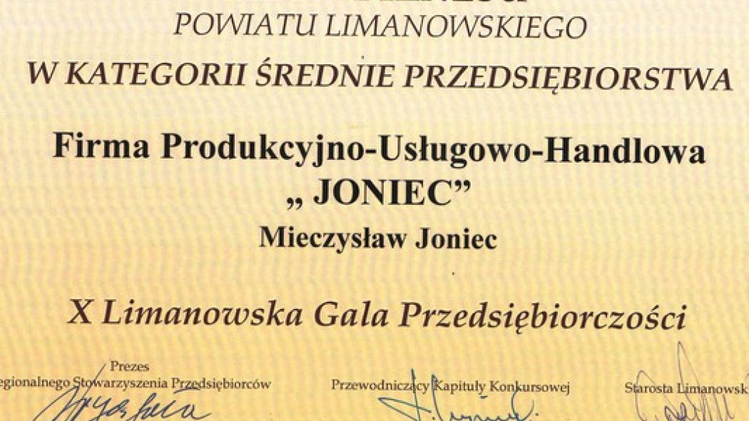 JONIEC wyróżniony w konkursie LIDER BIZNESU Powiatu Limanowskiego