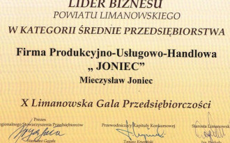 JONIEC wyróżniony w konkursie LIDER BIZNESU Powiatu Limanowskiego