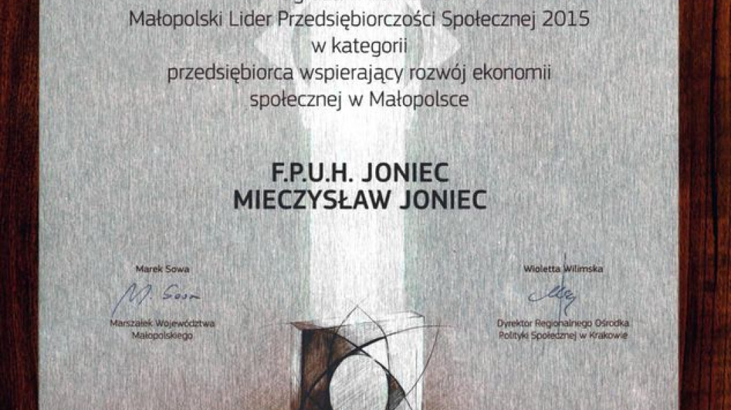 Firma JONIEC Małopolskim Liderem Przedsiębiorczości Społecznej 2015