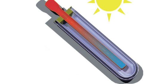 Rura kolektora typu heat pipe. Ciepłowód to zamknięta z obu stron rurka, wykonana np. z miedzi i wypełniona w części substancją o niskiej temperaturze wrzenia. Gdy rurka jest zimna, substancja czynna znajduje się w stanie skroplonym w jej dolnej części. Po nagrzaniu odparowuje, unosi się do góry i oddaje ciepło w wymienniku zamykającym kolektor od góry. Poszczególne rury można wymieniać bez rozszczelniania instalacji