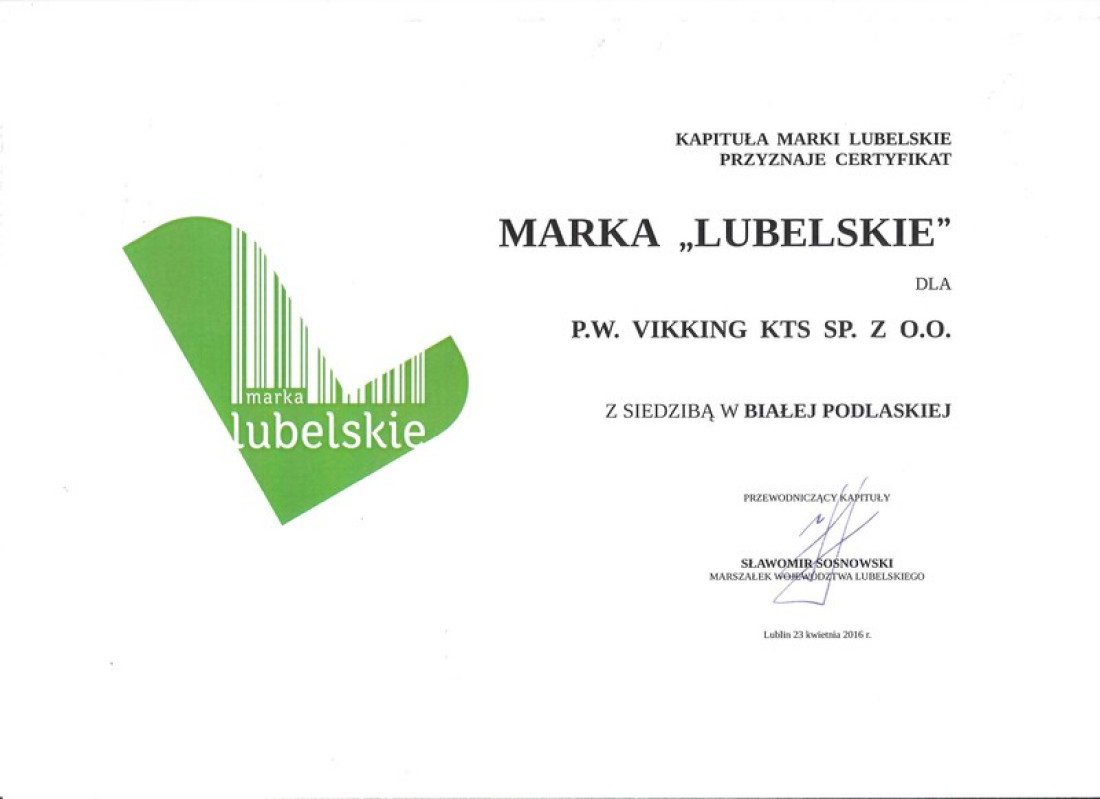 Vikking KTS wyróżniony certyfikatem Marka Lubelskie