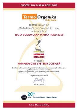 Tytuł Złota Budowlana Marka Roku 2016 - Kompleksowe Systemy Ociepleń