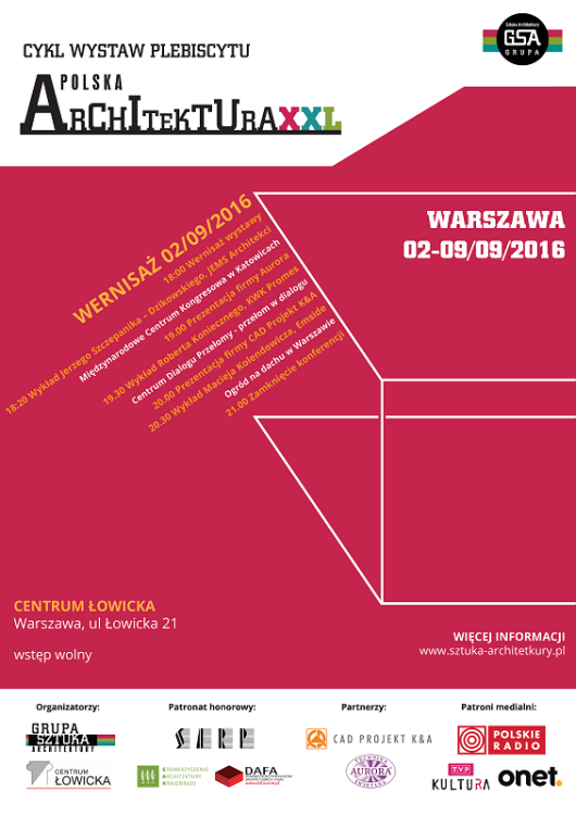 Plakat informujący o wystawie Polska Architektura 2015