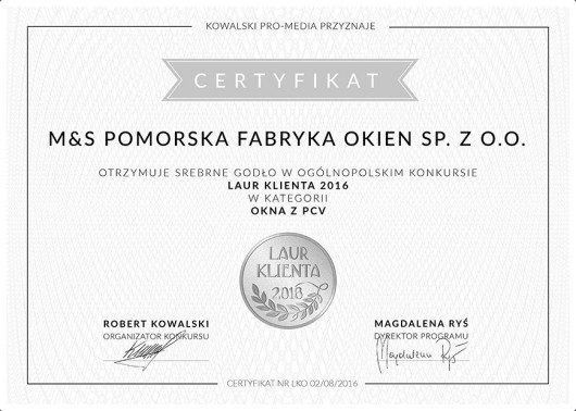 MS więcej niż OKNA wyróżniona w konkursie Laur Klienta 2016!