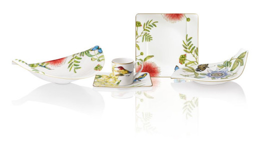 Kolibry, rajskie motyle, orchidee, owoce passiflory i wróżki oplatają białą porcelanę z kolekcji Amazonia