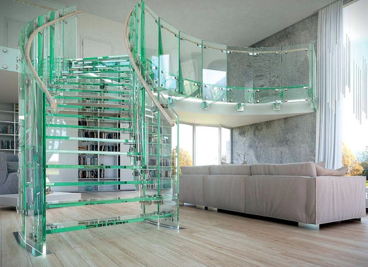 Przestrzeń dobrze wykorzystana i pełna światła: efektowne schody, w których ze szkła wykonano także elementy konstrukcyjne; stalowe są jedynie mocowania