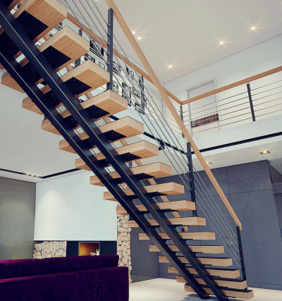 Dwuwspornikowe schody K1 na konstrukcji stalowej, ze stopniami wykonanymi z drewna