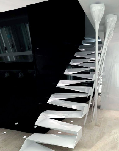 Futurystyczne schody ze stali lakierowanej na biało