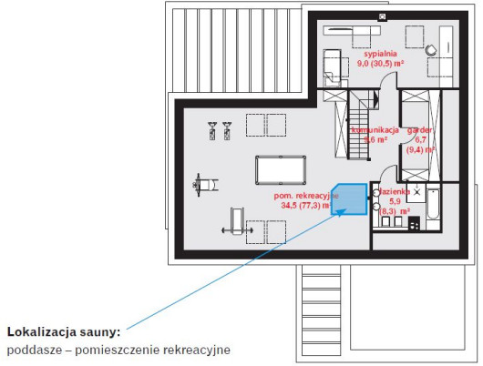 HomeKONCEPT 29 - rzut poddasza, przykładowa lokalizacja sauny