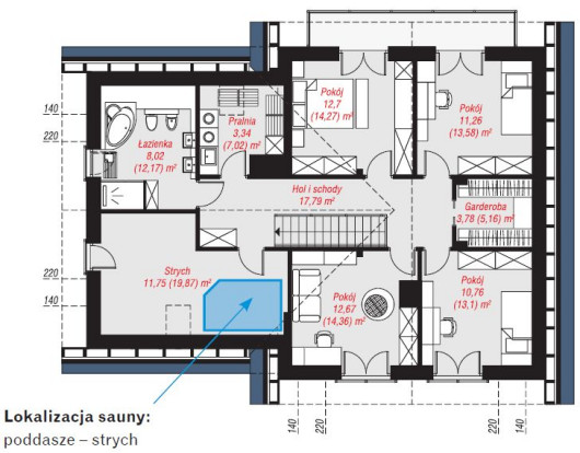 Dom w orliczkach (G2) - rzut poddasza, przykładowa lokalizacja sauny