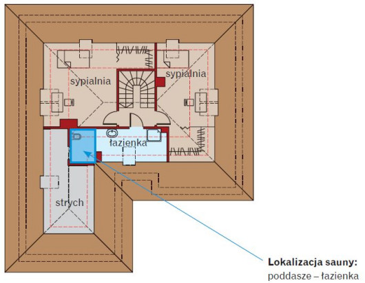 Astrid (mała) G2 - rzut poddasza, przykładowa lokalizacja sauny