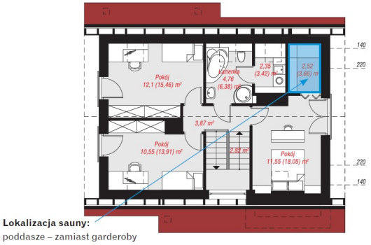 Dom w żurawkach - rzut poddasza, przykładowa lokalizacja sauny