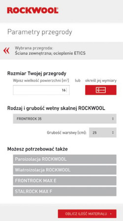 Kalkulator ilości wełny skalnej ROCKWOOL - aplikacja mobilna