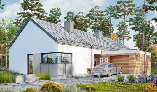 To jest modne: dwuspadowy dach bez okapów, kryty szarą blachą na rąbek i narożne okno