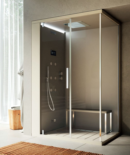 Multifunkcjonalna kabina Pasodoble, łącząca cechy natrysku i łaźni