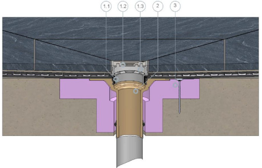 Przykład zabudowy: SitaCompact z SitaCompact nasadka balkonowa z sitem płaskim w niewentylowanej zabudowie z płytami na warstwie klejącej.