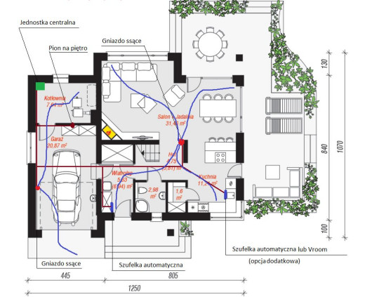 Przykładowy projekt standardowej instalacji centralnego odkurzania w domu z poddaszem użytkowym (proj. ARCHON+). Rozplanowanie według firmy TopVac - rzut parteru