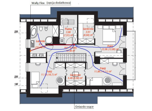 Przykładowy projekt standardowej instalacji centralnego odkurzania w domu z poddaszem użytkowym (proj. ARCHON+) - rzut poddasza