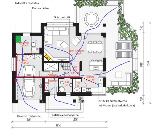 Przykładowy projekt centralnego odkurzania z wężem chowanym w ścianie w domu z poddaszem użytkowym (proj. ARCHON+). Rozplanowanie według firmy TopVac - rzut parteru