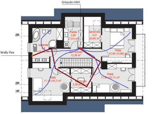Przykładowy projekt centralnego odkurzania z wężem chowanym w ścianie w domu z poddaszem użytkowym (proj. ARCHON+). Rozplanowanie według firmy TopVac - rzut poddasza