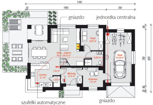 Przykładowy projekt standardowej instalacji centralnego odkurzania w domu z poddaszem użytkowym (proj. ARCHON+). Rozplanowanie według firmy Santech - rzut parteru