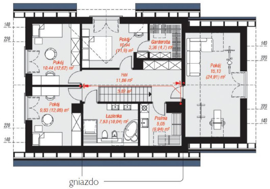 Przykładowy projekt standardowej instalacji centralnego odkurzania w domu z poddaszem użytkowym (proj. ARCHON+). Rozplanowanie według firmy Santech - rzut poddasza