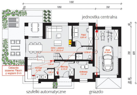 Przykładowy projekt centralnego odkurzania z wężem chowanym w ścianie w domu z poddaszem użytkowym (proj. ARCHON+). Rozplanowanie według firmy Santech - rzut parteru