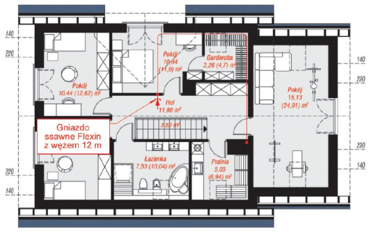 Przykładowy projekt centralnego odkurzania z wężem chowanym w ścianie w domu z poddaszem użytkowym (proj. ARCHON+). Rozplanowanie według firmy Santech - rzut poddasza