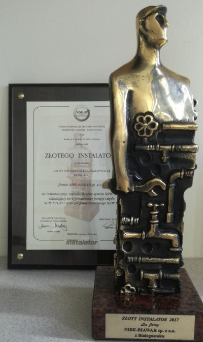 Firma NIBE_BIAWAR Sp z o.o. z Białegostoku otrzymała &quot;Złotego Instalatora&quot; dla najlepszych za rok 2017