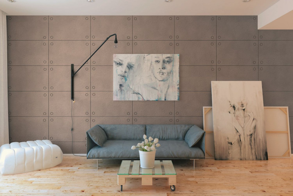 Ściana w salonie wykończona masą imitującą beton