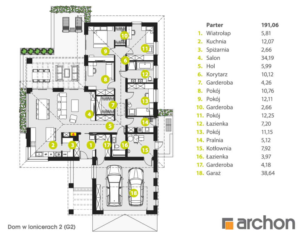 Dom w lonicerach 2 (G2) - rzut parteru z opisem
