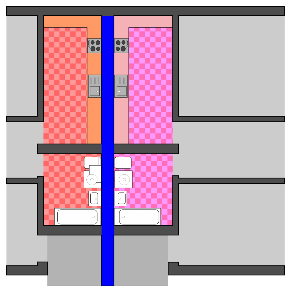 Układ korzystny akustycznie w domu bliźniaczym - kuchnie i łazienki przy wspólnej, solidnej ścianie.