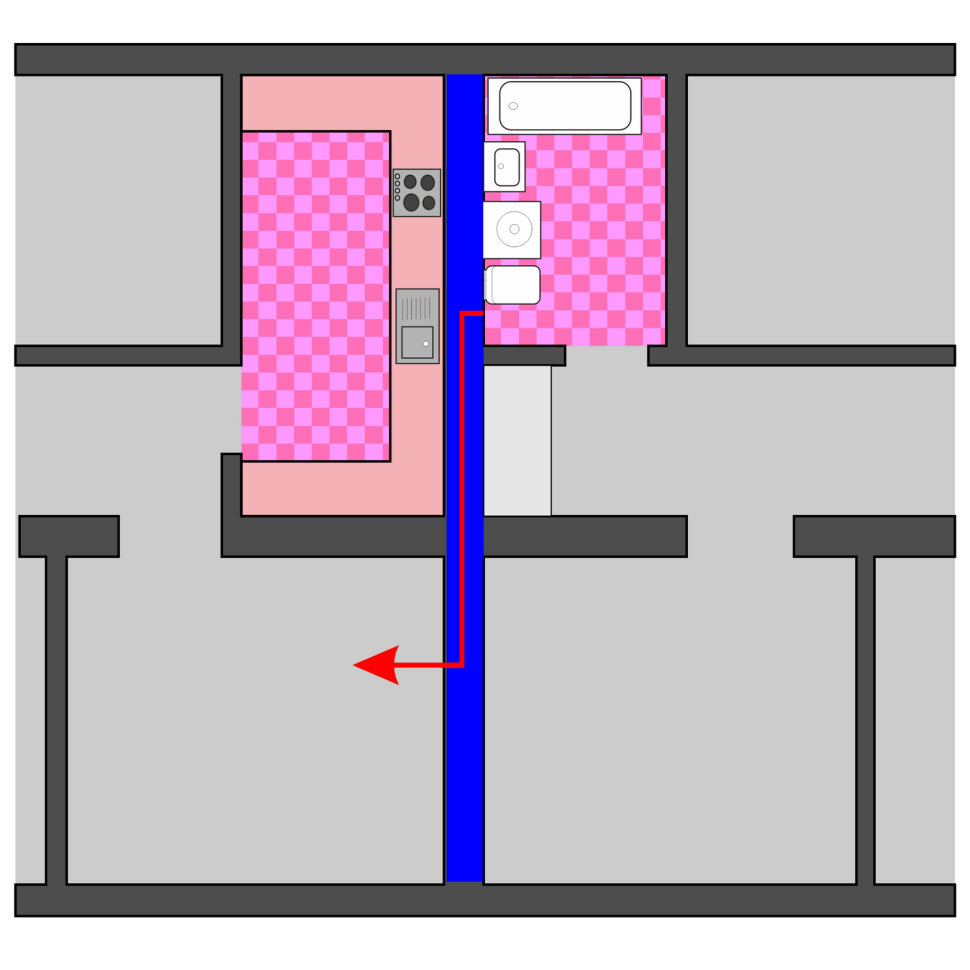 Układ niekorzystny - ściana pomiędzy kuchnią i łazienką przenosi dźwięki do innych pomieszczeń.