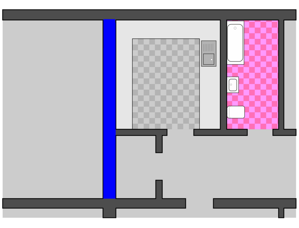 Kuchnia i łazienka z urządzeniami sanitarnymi przy wspólnej ścianie, odseparowane od reszty pomieszczeń.