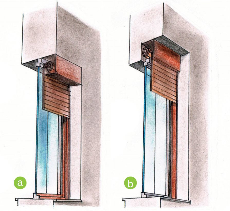 W zamieszkanych budynkach zwykle montuje się rolety naokienne (a) i nakładane (b)