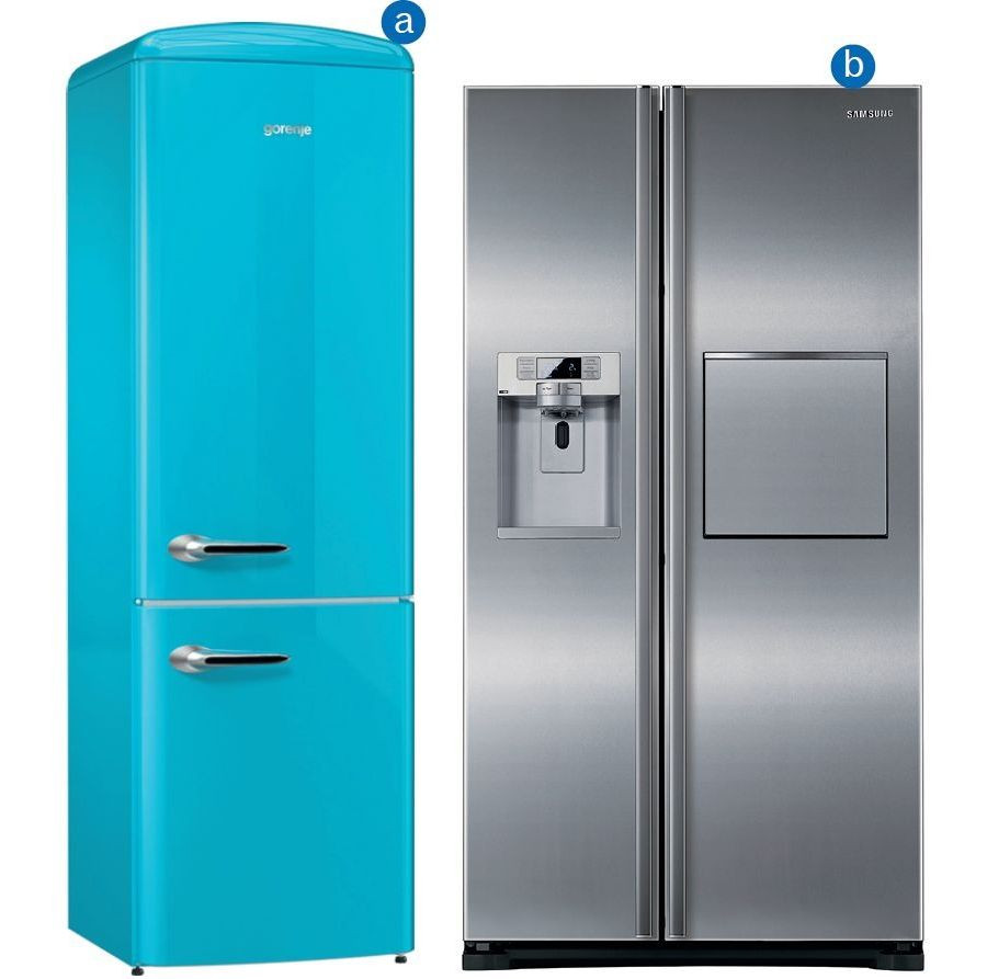 Chłodziarka w stylu retro z dolnym zamrażalnikiem (fot. a) Gorenje) oraz model dwudrzwiowy z barkiem i kostkarką do lodu (fot. b) Samsung)