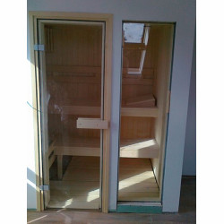 Sauna osikowa, ławy abachi, szkło