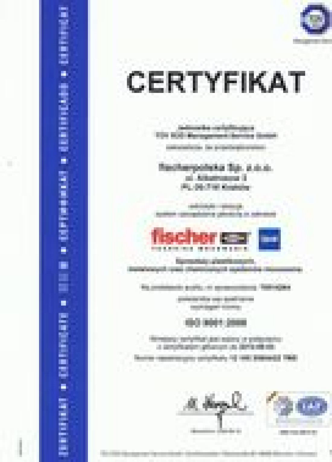 Certyfikat ISO 9001:2008 dla fischer Polska