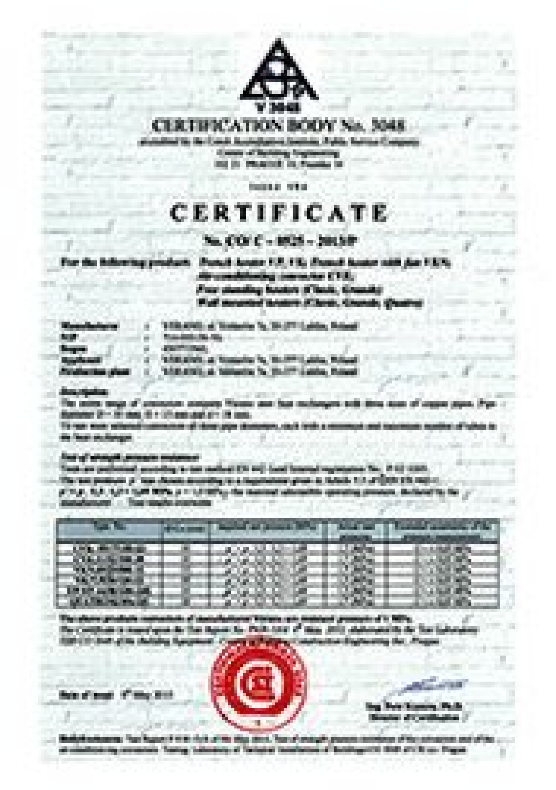 Certyfikat ciśnienia grzejników Verano 10 bar